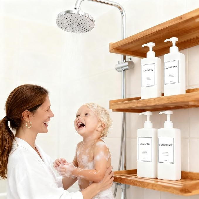 Modern Shampoo and Conditioner Dispenser (21 oz, Pack of 3) Refillable Pump Bottle Set Empty Shower Plastic Bottles with Pump for Bathroom Body Wash Soap and Shower