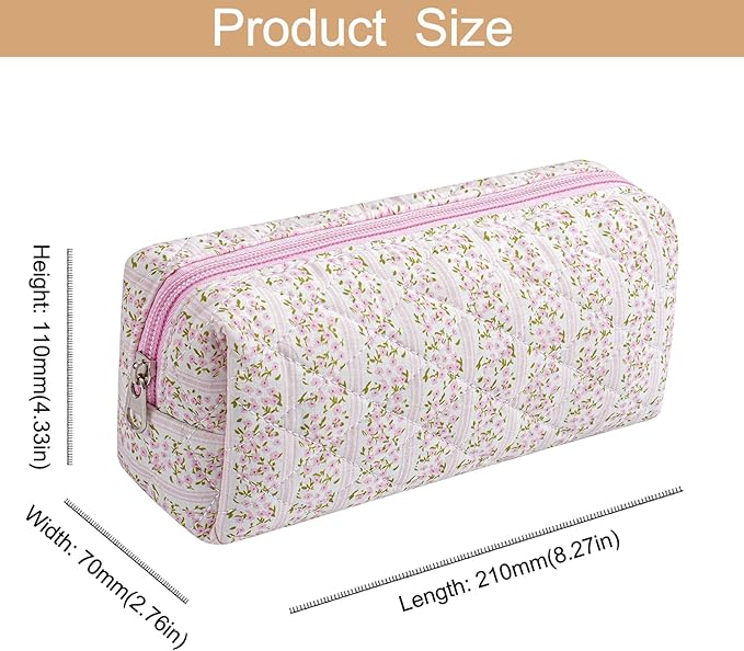 Cute Floral Cotton Makeup Brush Cosmetic Bag for Women, Travel Quilted Zipper Make Up Bag, Flowers Toiletry Organizer Case Kawaii Makeup Cosmetic Travel Cloth Pouch (Pink+Blue Floral)