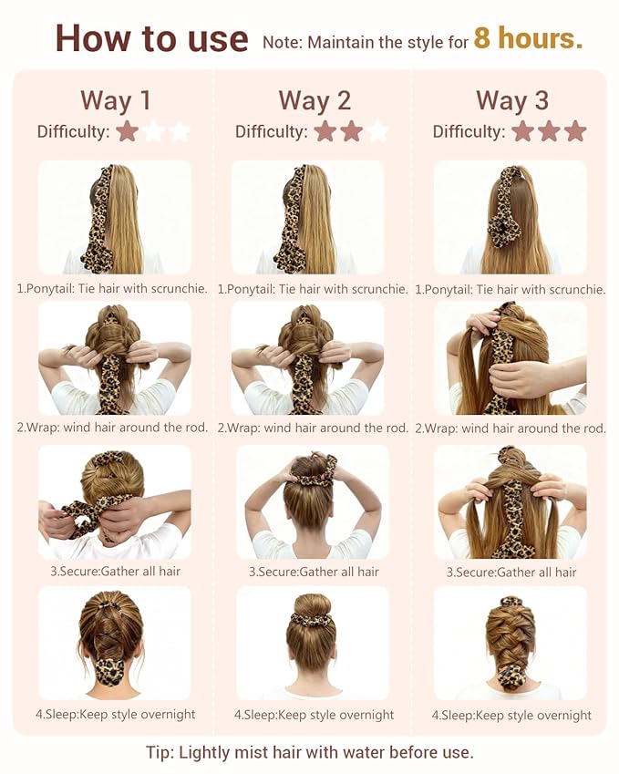BONNET QUEEN Satin Heatless Hair Curler, Overnight Curls for Long Hair, ultra soft Heatless Curling Rod & 2 Scrunchies,Damage-Free Styling, Soft Hair Curlers for Overnight Use(Leopard)
