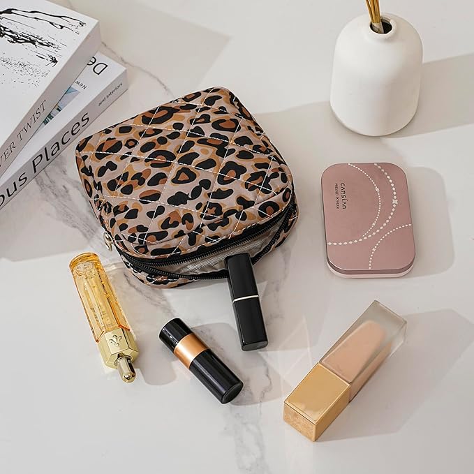 Small Quilted Cosmetic Pouch for Purse, Mini Cotton Makeup Bag with Compartments, Cute Zipper Lipstick Holder for Women (22Leopard Print)