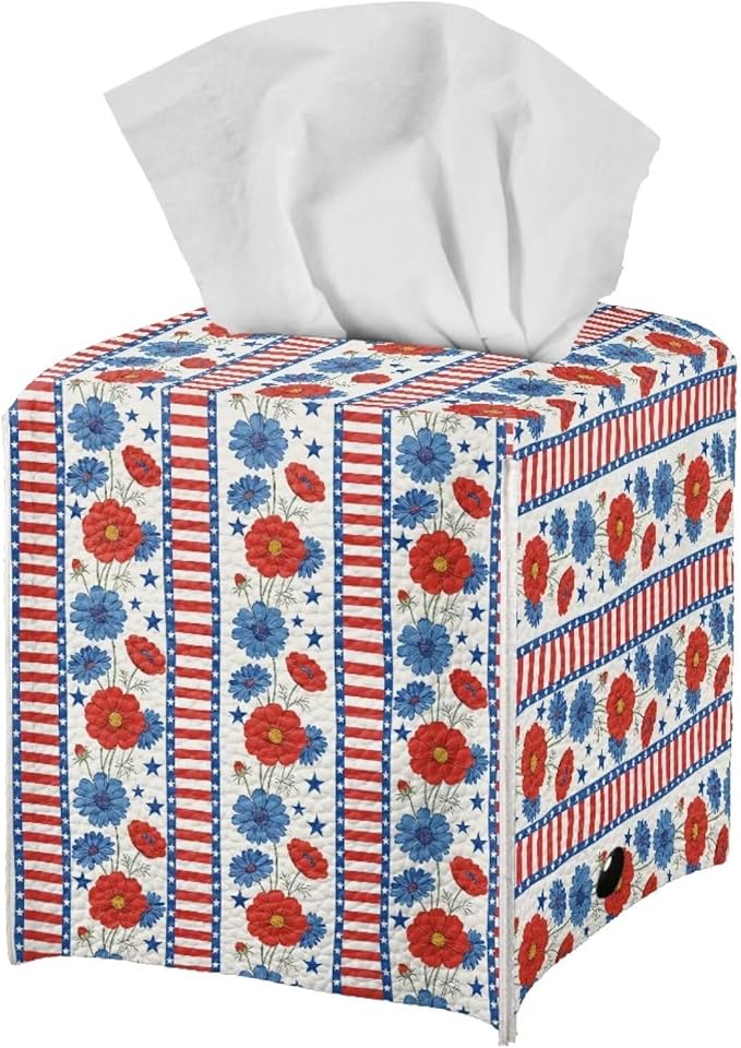 American Flower Tissue Box Holder Square PU Leather Tissue Organizer Case with Metal Button Waterproof Napkin Holder for Home Office Car Automotive Decor