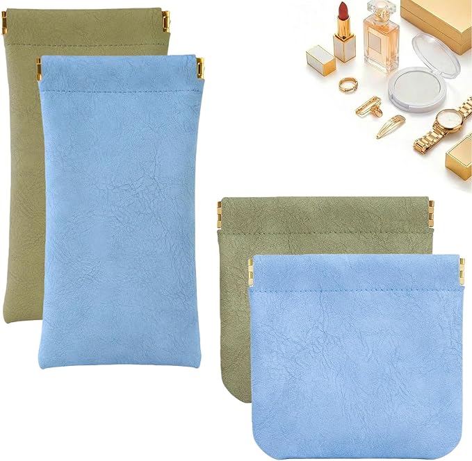 4Pcs Small Makeup Bag for Purse, Mini Leather Pocket Cosmetic Bag for Women, Small Lipstick Purse Pouches for Purse, Small Coin Purse Organizer Pouches, Portable No Zipper Makeup Pouch (Blue, Green)