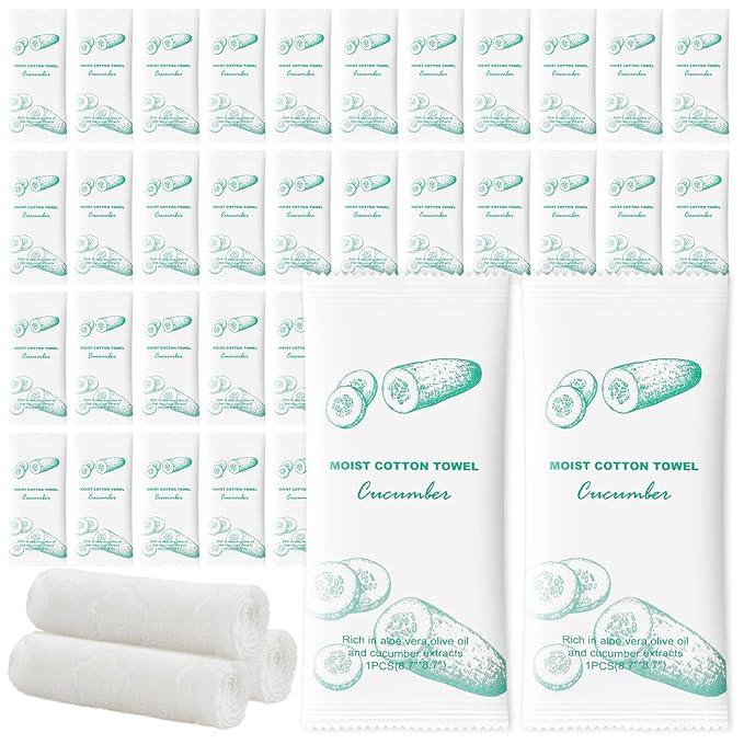 Moist Cotton Towel Bulk Moist Towelettes Individually Wrapped,White Towel Services,Refreshment Pre Moistened Towels for Dentist Travel Sport Party Hotel 50，Green tea (pack of 50, Cucumber)