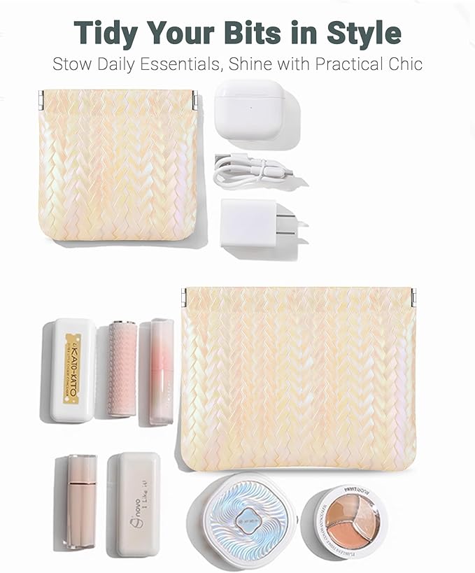 2 PC Pocket Cosmetic Bag for Purse, Lipstick & Coin Storage Purse Organizer Pouches,Small Cosmetic Bag for Women,Holographic Yellow Faux Leather Waterproof, Travel Makeup Pouch & Essentials