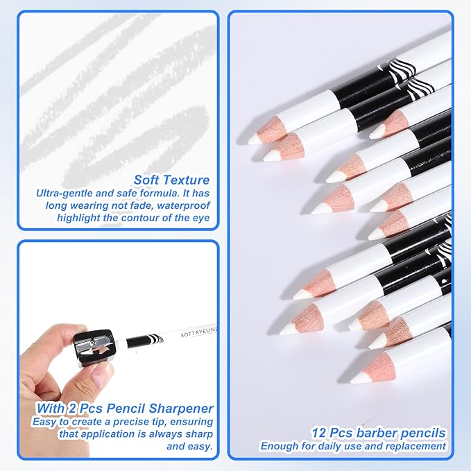 12Pcs White Barber Pencil with 2 Sharpener, Magic Hairline Pencils for Lineup Beard Shaping Beard Guide Pen Barber Chalk for Beards Hair Makeup Design for Men
