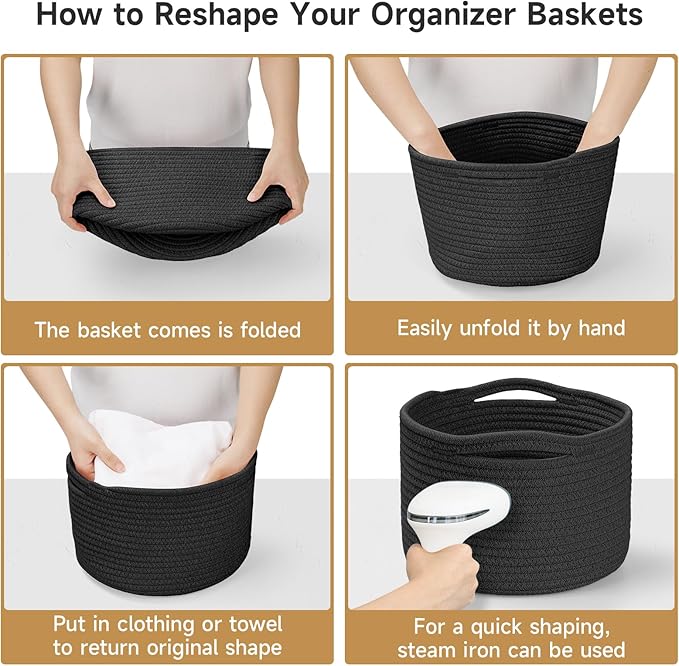 Small Rope Baskets for Storage, Baskets for Gifts Empty, Cute Round Woven Basket, Decorative Shelf Baskets 9.82×9.82×7.1", Cotton Toy Basket Storage Bins for Organizer-Black