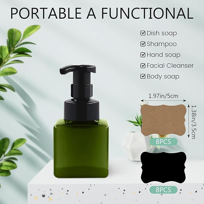 8.5 oz Foaming Soap Dispenser Plastic Foaming Pump Bottle, Refillable Dispenser with Plastic Pump, Empty Hand Bottles for Liquid Soap, Shampoo, Bathroom,Hotel,Restaurant (15, Green)