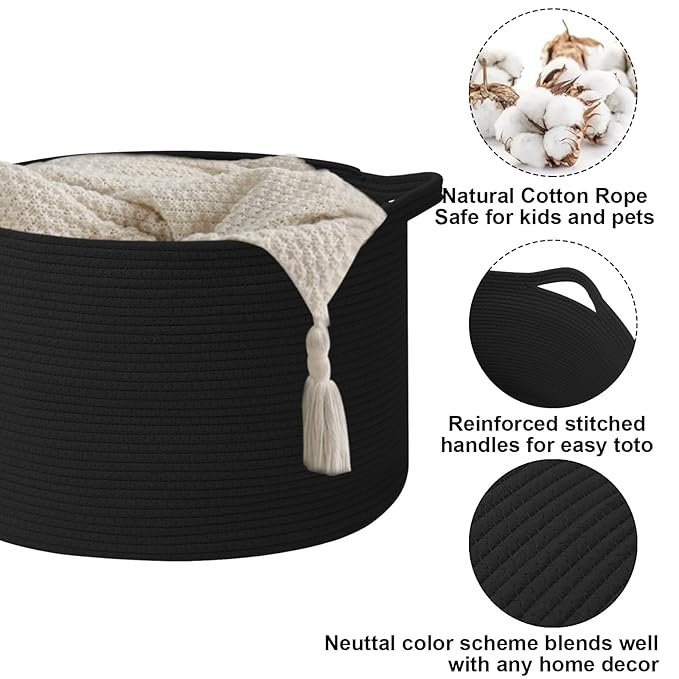 65L Large Blanket Basket,19.7" L x 19.7" W x 13" H Rope Woven Baskets with Handles, Toys Storage Bins,Laundry Basket Perfect for Living Room, Nursery,Bedroom,Home Organization,Black