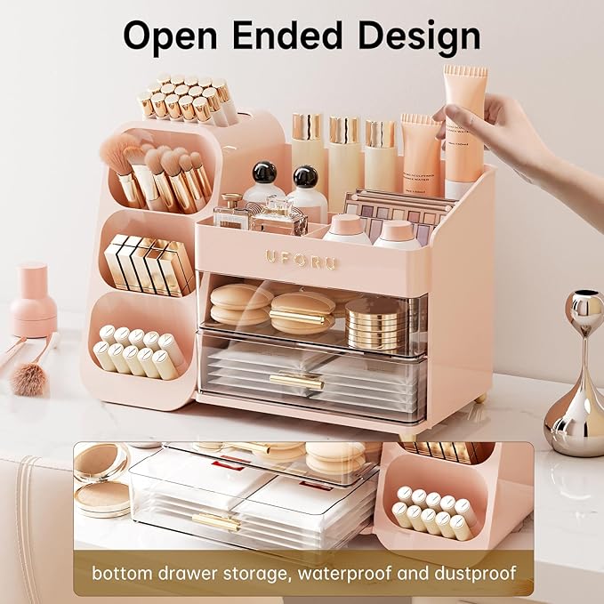 Makeup Organizer for Vanity with Brush Holder, Countertop Skincare Organizer with 2 Drawers, Spacious Cosmetic Display Case for Perfumes, Eyeshadow Palettes, Nail Polishes
