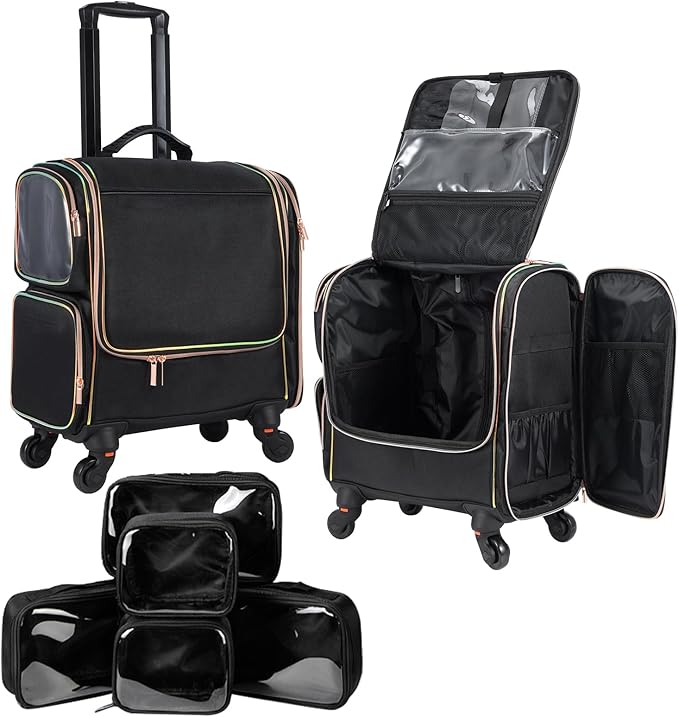 Stagiant Rolling Makeup Train Case, Professional Makeup Case, Travel Cosmetic Organizer Make Up Storage Bag for Makeup Artist, Hairstylist, Barbers, with 5 Toiletry Bags, Black