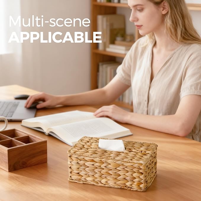 Rectangle Wicker Tissue Box Cover Fits 120-Count (3-Ply) / 160-Count (2-Ply) Boxes, Natural Rattan Woven Facial Tissue Holder, Decorative Tissue Box Holder for Bathroom, Living Room, Office & Desk