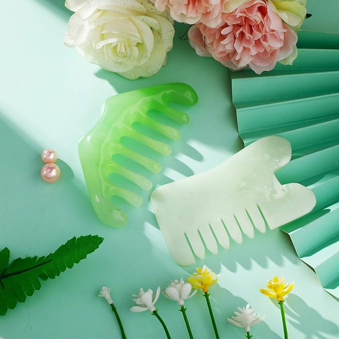 Geiserailie 2 Pcs Jade Combs Esthetician Supplies Massage Stone Hair Gua Sha Scraping Scalp Comb Facial Massage Tool Handheld Head Tools Head Caring Therapy Mother's Day for Women(Mixed Style)