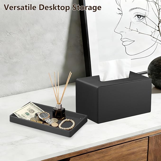 Fanousy Large Tissue Box Cover Rectangle with Tray on Top, PU Leather Facial Tissue Holder with Storage, Fits 230-Count Family Size Kleenex, Modern Nightstand Organizer for Bathroom Office Home Decor