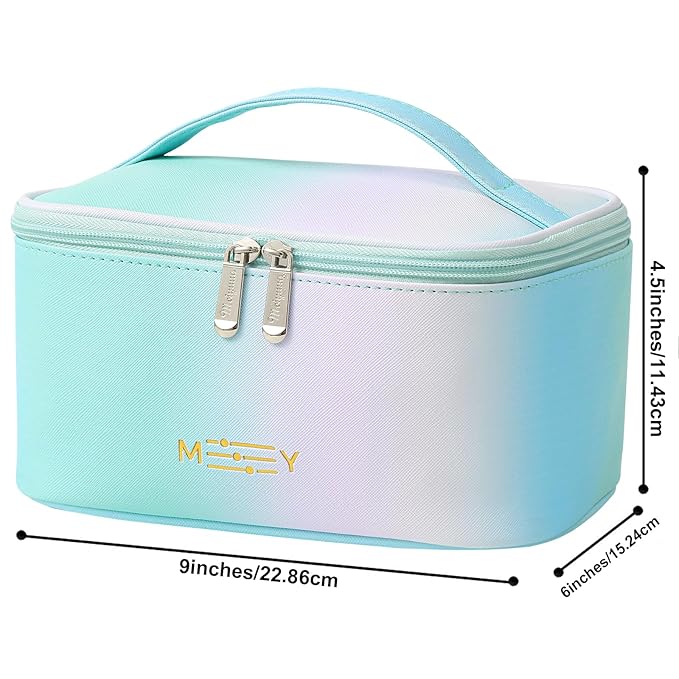 Meiyuuo Makeup Bag Large Cosmetic Bags for Women Girls Cute Travel Zipper Pouch Toiletry Organizer for Beauty Essentials Waterproof (Gradient Rainbow Green)