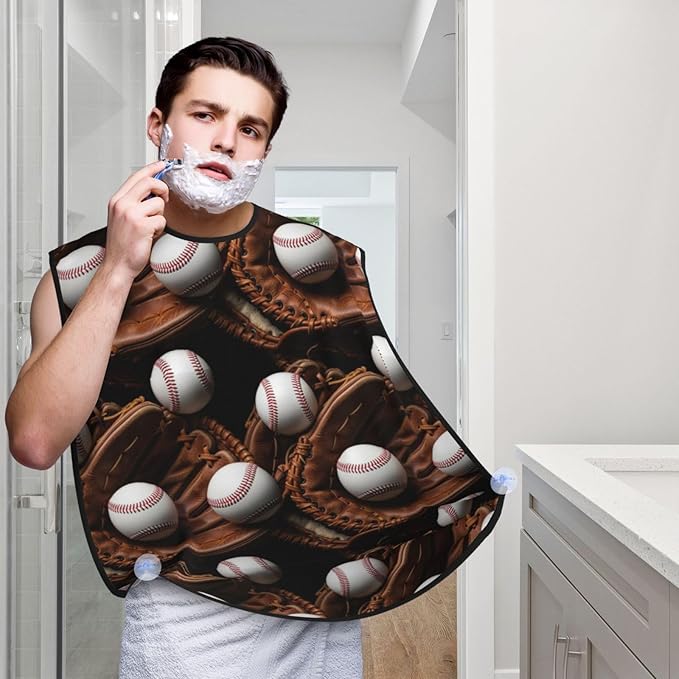 Waterproof Beard Grooming Bib, Old School Baseball Gloves Balls Shave Bib, Non-Stick Hair Catcher for Shaving Trimming, Apron Essential for Men Dad