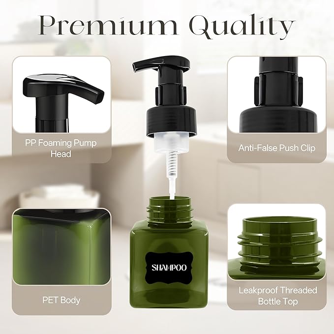 8.5 oz Foaming Soap Dispenser Plastic Foaming Pump Bottle, Refillable Dispenser with Plastic Pump, Empty Hand Bottles for Liquid Soap, Shampoo, Bathroom,Hotel,Restaurant (30, Green)