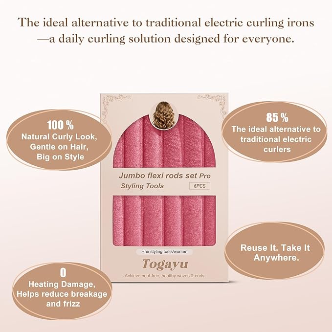 Heatless Curls Overnight Set - 6PCS Jumbo Velvet Hair Rollers to Sleep In, No-Damage Flexi Rods for Beautiful, Effortless Curls and Waves for Women