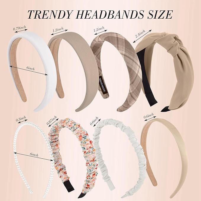 obeoby 8 Pack Trendy Headband for Lazy Hair Days, Non Slip Floral Headbands for Girls Women Multi-Style Accessories for Hair Growth Phases