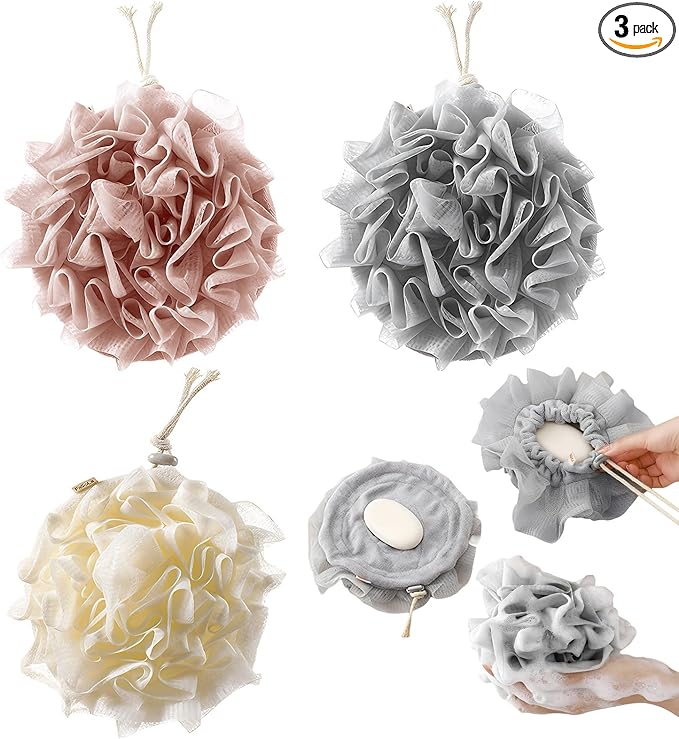 3 PCS Bar Soap Loofah Pouch, New 2 in 1 Drawstring Loofah Soap Holder, Exfoliation Mesh Shower Ball for Cleansing and Smooth Skin (Beige+Grey+Pink)