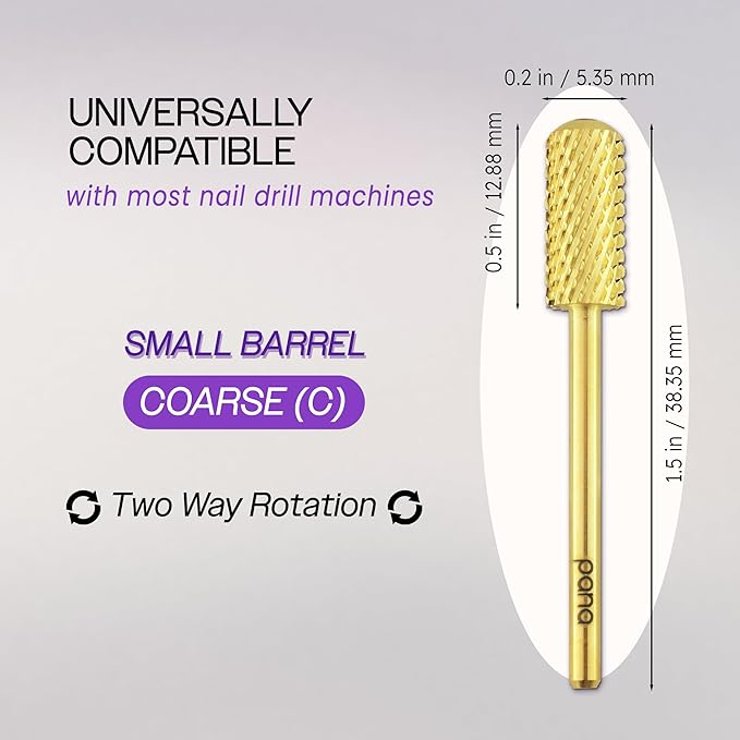 PANA 3/32" Shank Size Smooth Top Small Barrel Carbide - Nail Drill Bit for Dremel Machine Manicure Pedicure Nail Salon Tools Gel Polish & Acrylics Removal (Gold, Coarse)