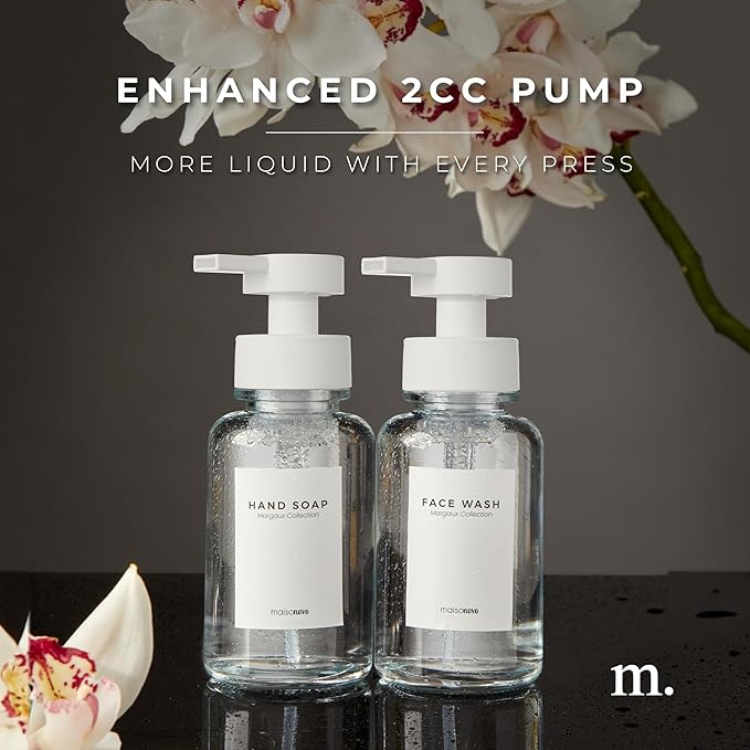 MaisoNovo Glass Foaming Soap Dispenser 14 Oz | Clear Glass White Pumps x 2 with Tray