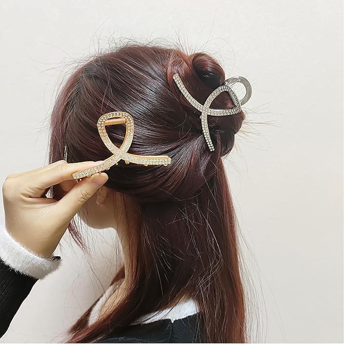 2 Pcs Medium Rhinestone Claw Clips For Women, Gold and Sliver Metal Elegant Hair Clip For Thick Hair, Girls Decorative Sparkly Dressy Hair Clips (Style 1)