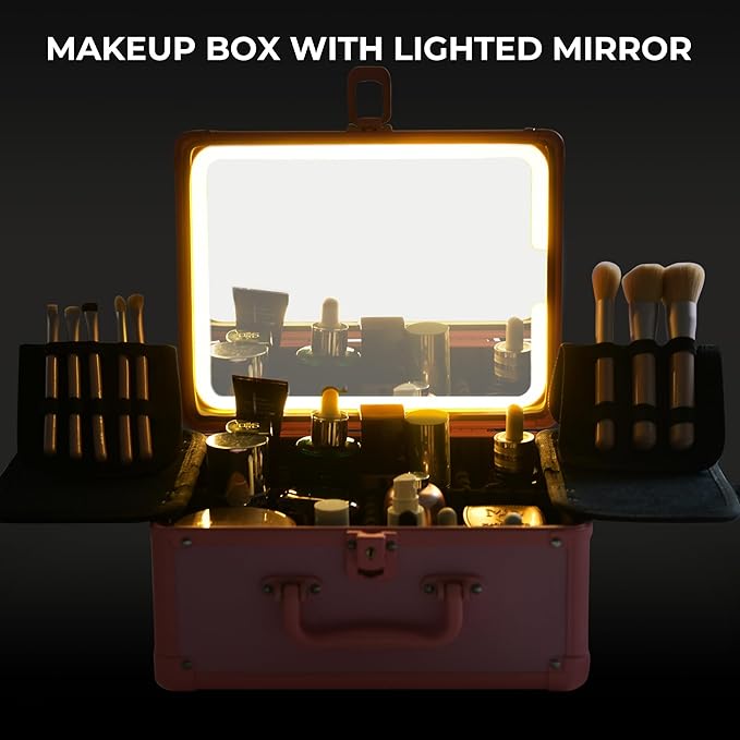 Makeup Case with Lighted Mirror, Makeup Box Organizer with Detachable LED Mirror, Travel Makeup Train Case, Waterproof Cosmetic Organizer, Standing Brush Holder, Gift, Pink
