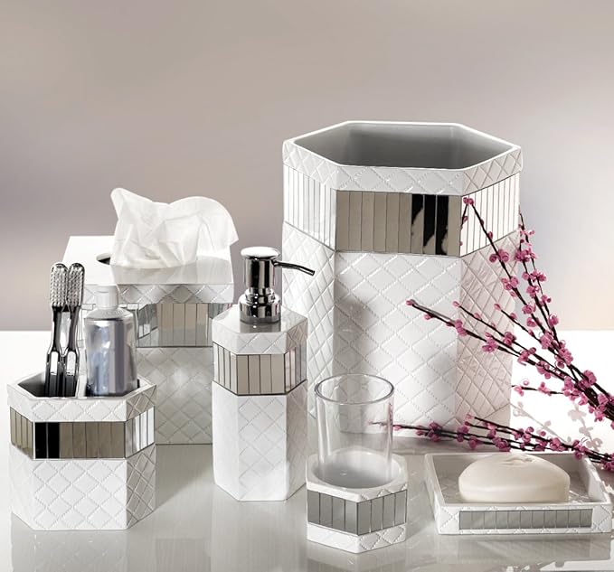 Creative Scents Quilted Mirror White Bathroom Trash Can 1.58 Gal / 6L – Decorative Waste Basket for Bathroom - Space Friendly Mirrored Wastebasket Bin, for Elegant Powder Room or Bedroom Decor