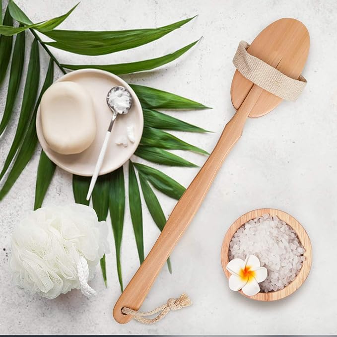 Body Brush for Bath or Shower - Dry or Wet Skin Exfoliating Long Wood Handle Back Scrubber with White Sponge