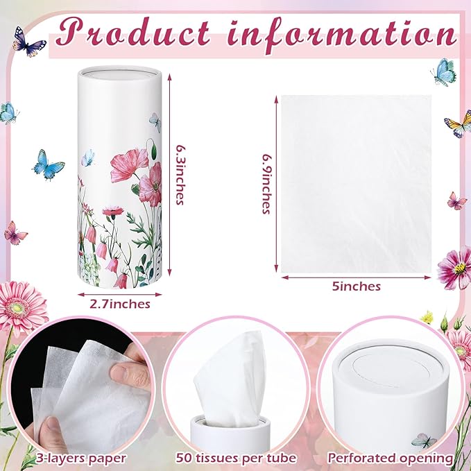 Fourluoo 12 Pack Spring Wildflower Cylinder Tissues for Car Floral Round Cylinder Holder with 3 Ply Facial Tissues for Spring Travel Home Bathroom Office Accessories