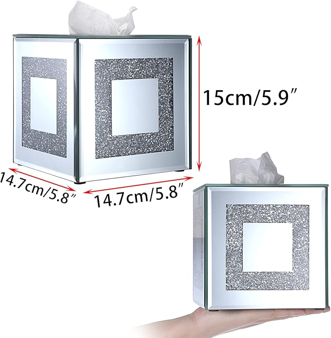 Sumnacon Crystal Square Tissue Box Cover - Sparkly Glass Cube Tissue Box Holder, Decorative Facial Tissue Holder for Bathroom Vanity Dresser Night Stand Table Countertop Office Home Decor, Silver