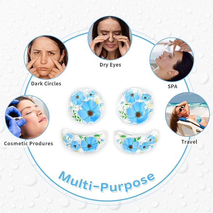 4PCS Gel Eye Ice Pack Set, Cold & Hot Compress, Reusable Cooling Gel Pads for Strain Relief, Swelling, Dark Circles, Redness, Puffy Eyes, Surgery Recovery (4 Blue flowers)