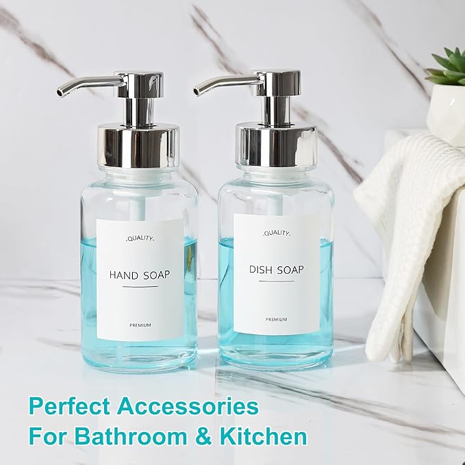 Foaming Soap Dispenser, 14.1 oz/400ml Foaming Hand Soap Dispenser, 2 Pack Glass Foaming Dispenser for Bathroom & Kitchen, Clear Refillable Liquid Dispenser Bottle with Waterproof Labels