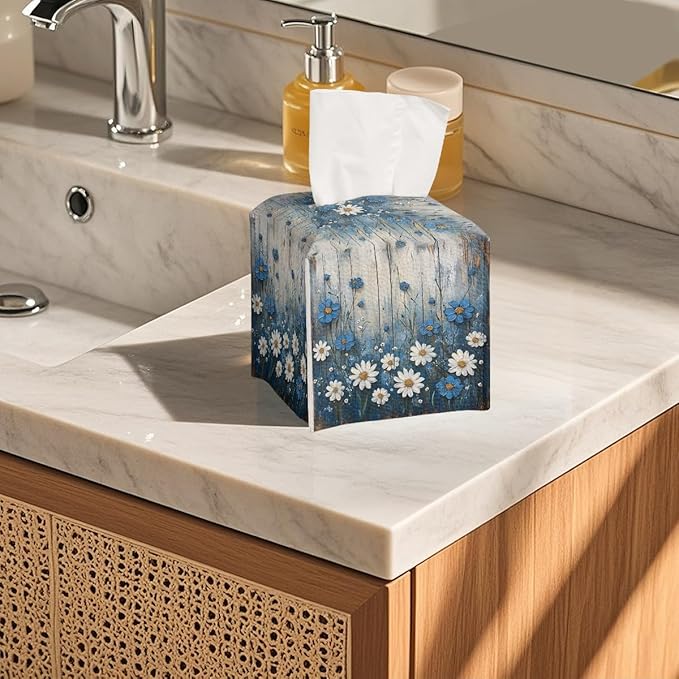 White Flowers Daisy Tissue Box Cover Rustic Floral Wooden Country Leather Tissue Box Holder Square Facial Paper Organizer Dispenser for Car Bathroom Bedroom Office Tabletop Decor