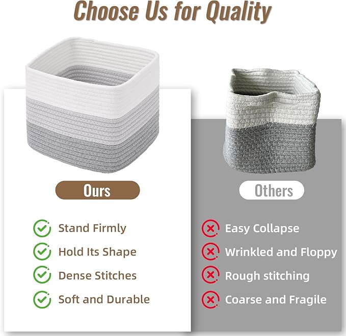 3 Pack Cube Storage Bin, 9”x9”x7” Cotton Rope Woven Baskets for Organizing Toys Clothes Towels, Square Gift Storage Baskets for Shelf, Nursery, Closet, Bathroom, Pantry (3-Tone Gray)