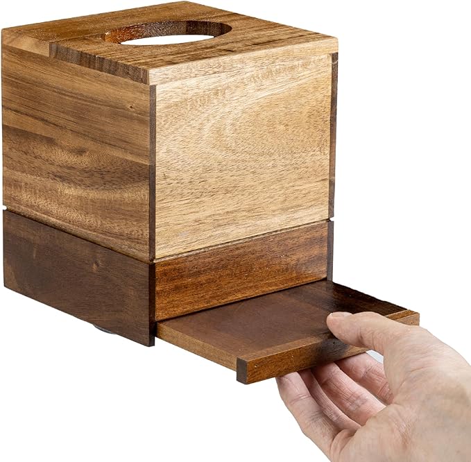 MyGift Premium Dual Tone Solid Acacia Wood Square Bathroom Facial Tissue Box Dispenser Holder Cover with Slide-Out Bottom Panel, 5.5 x 5.5 x 6.3 Inches