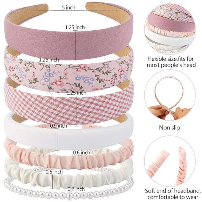 AHONEY 7 Pack Pink Headbands for Girls Women Headbands Trendy Non Slip Hairbands Cute Croquett Hair Accessories Kawaii Multi-style Headband Pack (Pink)