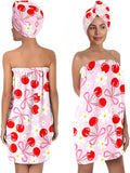 Cherry Bath Wrap with Matching Hair Drying Cap – Soft Microfiber Lightweight Shower Towel Skirt Set for Women, Girls, Spa and Travel (Cherry 6)