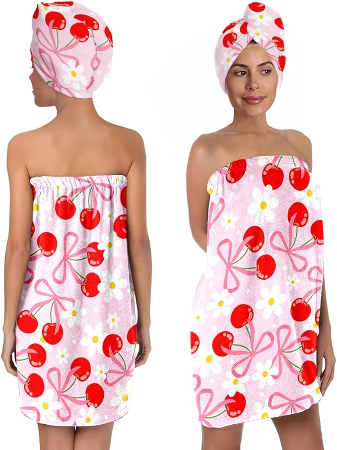 Cherry Bath Wrap with Matching Hair Drying Cap – Soft Microfiber Lightweight Shower Towel Skirt Set for Women, Girls, Spa and Travel (Cherry 6)