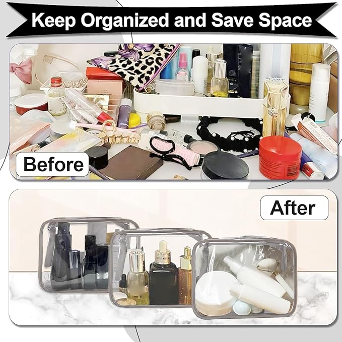 Clear Makeup Bag (4 Packs), Small TSA Approved Toiletry Bags for Traveling Small Size Cosmetic Storage Pouches for Women Organizer with Zipper Gray