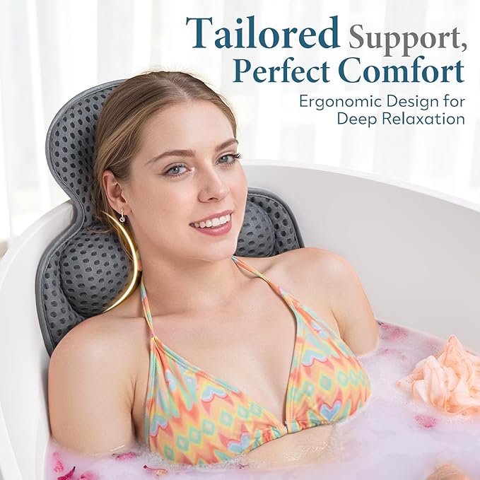 Bath Pillows for Tub, Cozy Bathtub Cushion for Head and Neck with Soft 5D Mesh Fabric and 54 Non-Slip Suction Cups, Relaxing Tub Shower Accessories Spa Gifts Gray Standard