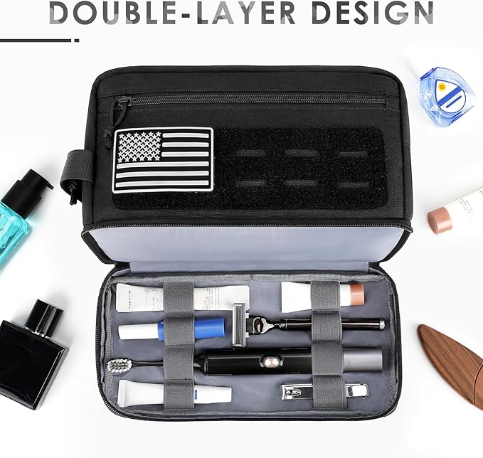 ETRONIK Tactical Toiletry Bag for Men, Travel Hygiene Bag with Double-layer, Hanging Toiletry Bag Water-Resistant Shaving Dopp Kit with EDC Molle Pouches, Bathroom Shower Makeup Bag Women, Black
