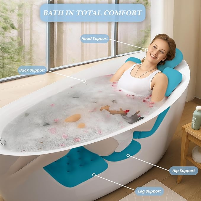 Bath Pillow for Tub 4D Air Mesh Fabric - Plush Bathtub Pillow for Neck & Back Support, Hot Tub Pillow with 6 Non-Slip Suction Cups Spa Pillow for Relaxation and Comfort (Full Body Blue)