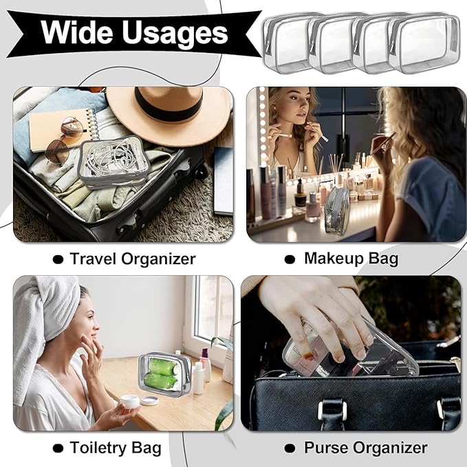 Clear Makeup Bag (4 Packs), Small TSA Approved Toiletry Bags for Traveling Small Size Cosmetic Storage Pouches for Women Organizer with Zipper Gray