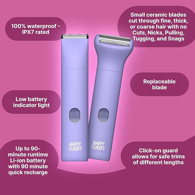 HAPPY CURVES Smoothie Bikini Trimmer - Electric Razor for Women, Waterproof Hair Groomer with Adjustable Guards, Personal Shaver for Pubic Hair, Ladies Intimate Shaver and Body Trimmer (Berry 1.0)
