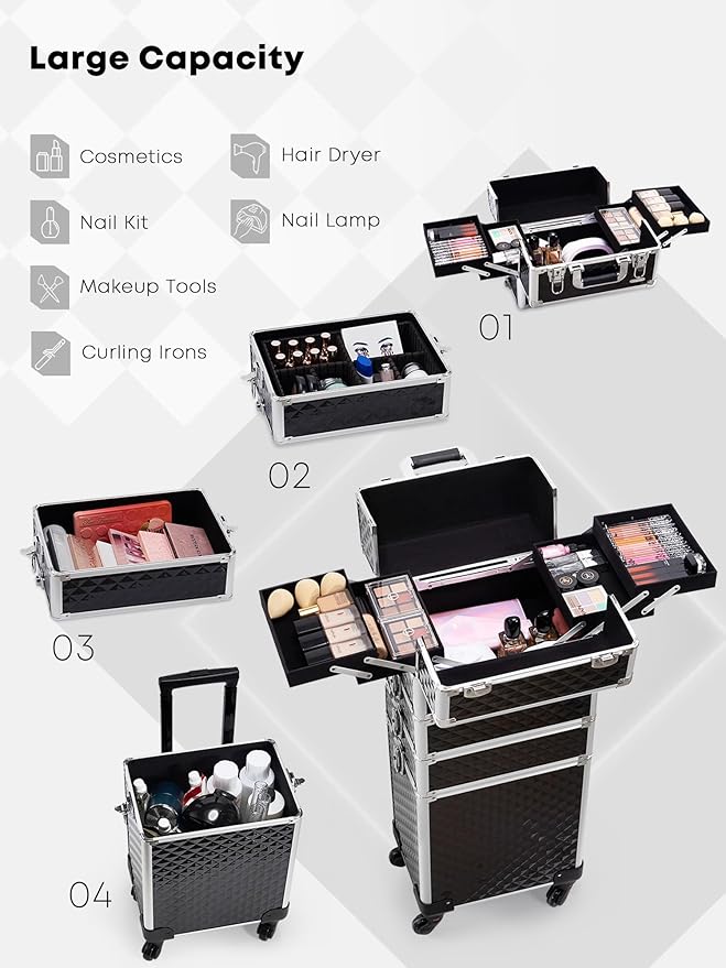 Adazzo 4 in 1 Rolling Makeup Case Cosmetic Train Case Trolley Roll Travel Box for Makeup Artist, Hairstylists, Nail Tech Makeup Cart with Key Swivel Wheels Barber Case Traveling Trunk Black