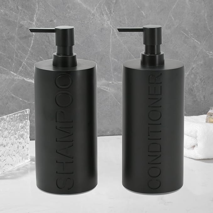 2-Pack Matte Black Resin Refillable Shampoo & Conditioner Bottles – Modern Bathroom Pump Dispenser Set, Durable Resin Shower Containers with Embossed Labels, Reusable Pump Bottle