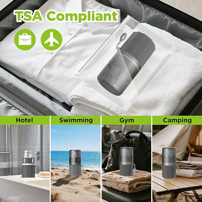 4 in 1 Travel Dispenser Bottle, TSA Approved Refillable Shampoo and Conditioner Bottles Set with Suction Cup for Smooth Walls, Travel Size Toiletries Container for Body Wash/Lotion.(Grey)