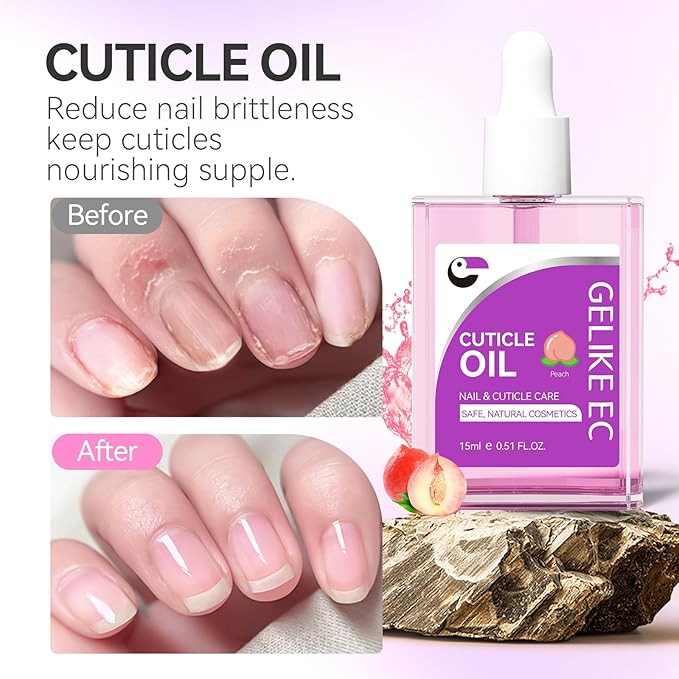 Nail Cuticle Oil for Moisturize and Repair - Gelike EC Easy and Quick Absorb Cuticles Care Treatment - Natural Peach Smells for Women and Men Dry Damaged Thin Nails
