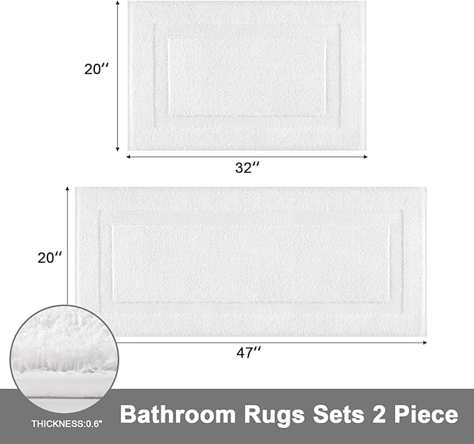 SHACOS White Bathroom Rugs Sets 2 Piece 32x20 + 47x20 inch, Non Slip Bath Mat Microfiber Washable Bathroom Rugs, Soft Fluffy Water Absorbent Bath Mat Set of 2